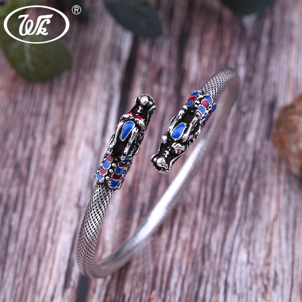 Real 925 Thai Silver Punk Vintage Viking Bangle Bracelet Mesh Shape NEW Design Dragon Bangles For Men Jewelry Gift W4 BN002