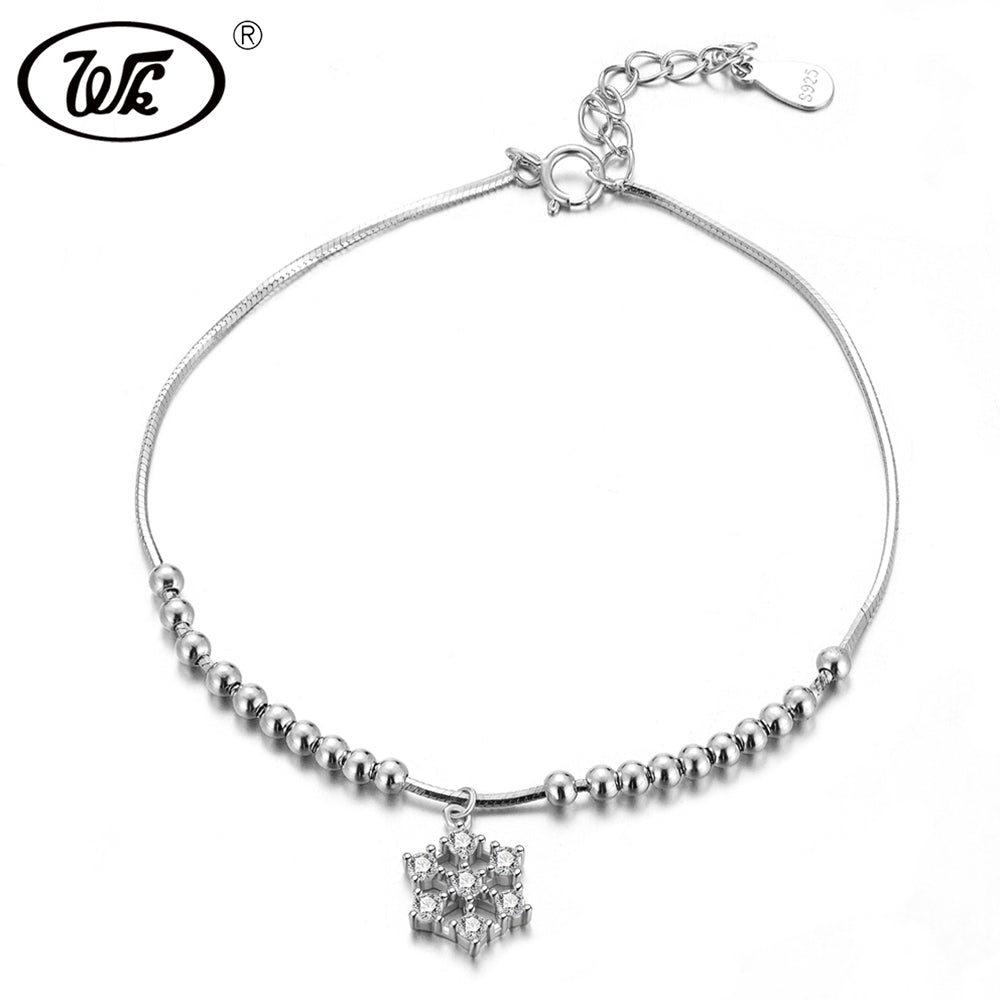 Real Pure 925 Sterling Silver Charm Bracelet Beads Ball With Crystal Snowflake Drop Thin Snake Chain Bracelets 2020 W4 BA045