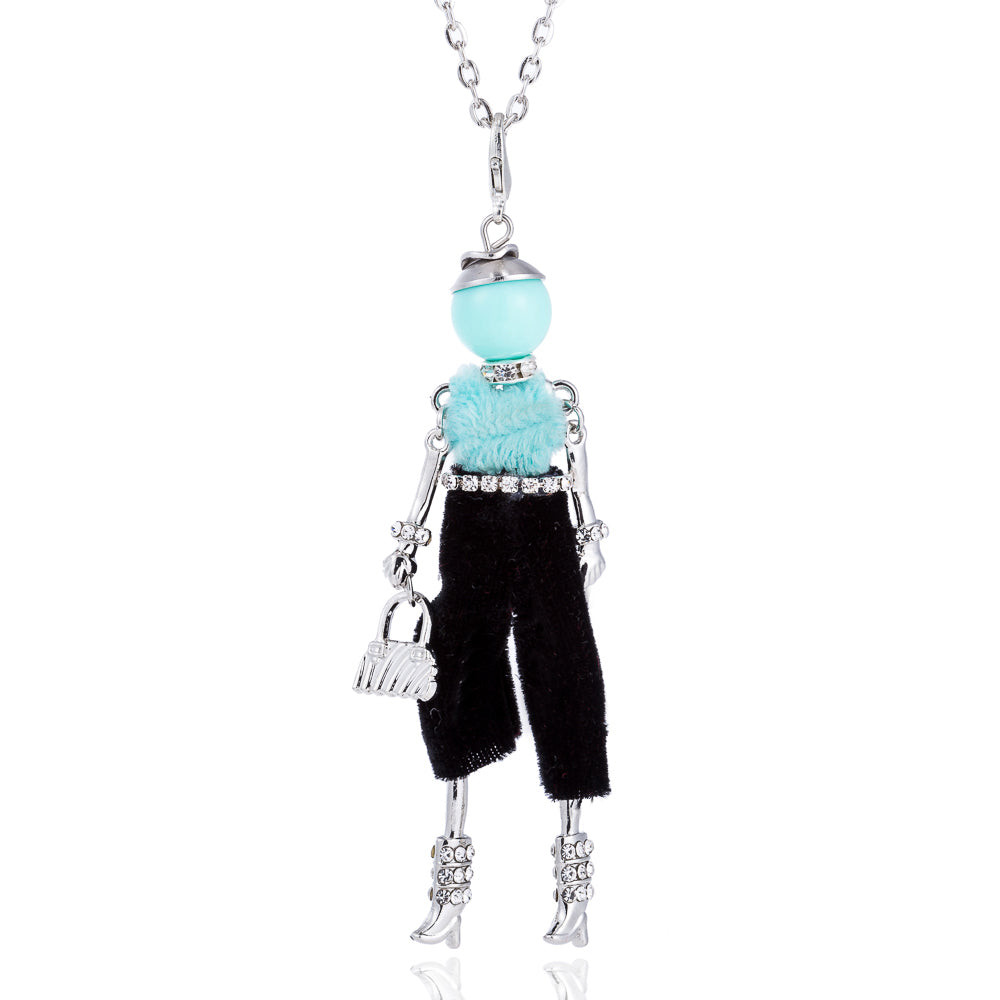 New Design Doll Necklace Pendant Silver Color Long Chain Rhinestone Necklaces With Bag for Women Girl Statement Jewelry