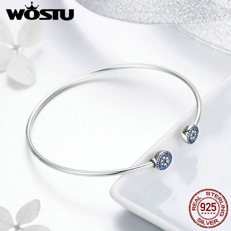 100% Pure 925 Sterling Silver Clear Blue CZ Protection Open Size Bangle Women Bracelet Fine Jewelry Gift BKB058