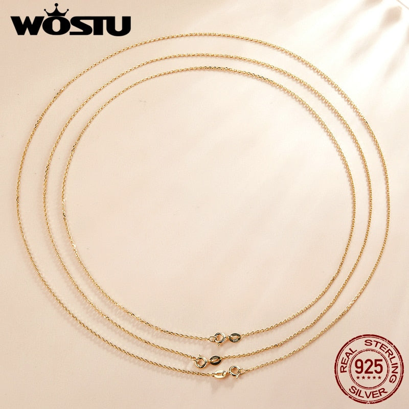 WOSTU Authentic 925 Sterling Silver Plated Gold Simple Chain Necklace Women Wedding Party Fine  Jewelry Gift Making