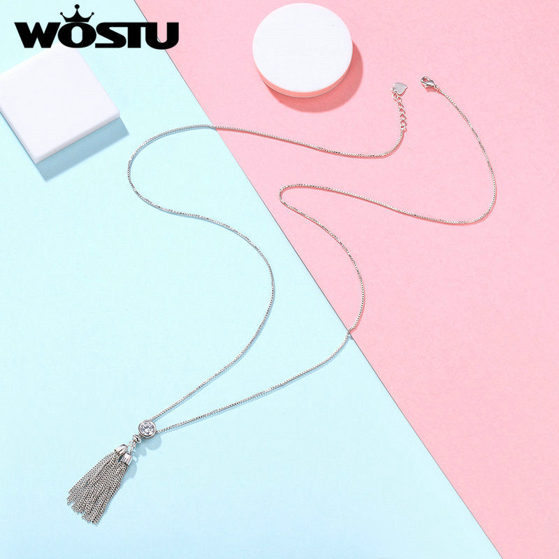 Design Fashion Silver Color Clear Cubic Zircon Tassels Long Sweater Chain Link Necklace Pendant Bohemian Jewelry ZBFN066