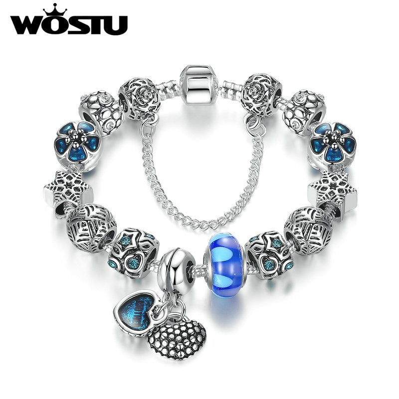 WOSTU-Vintage-Silver-Plated-Blue-Heart-Pendant-Safety-Chain-Blue-Beads-Openwork-Charms-Bracelets-Jewelry-Accessories