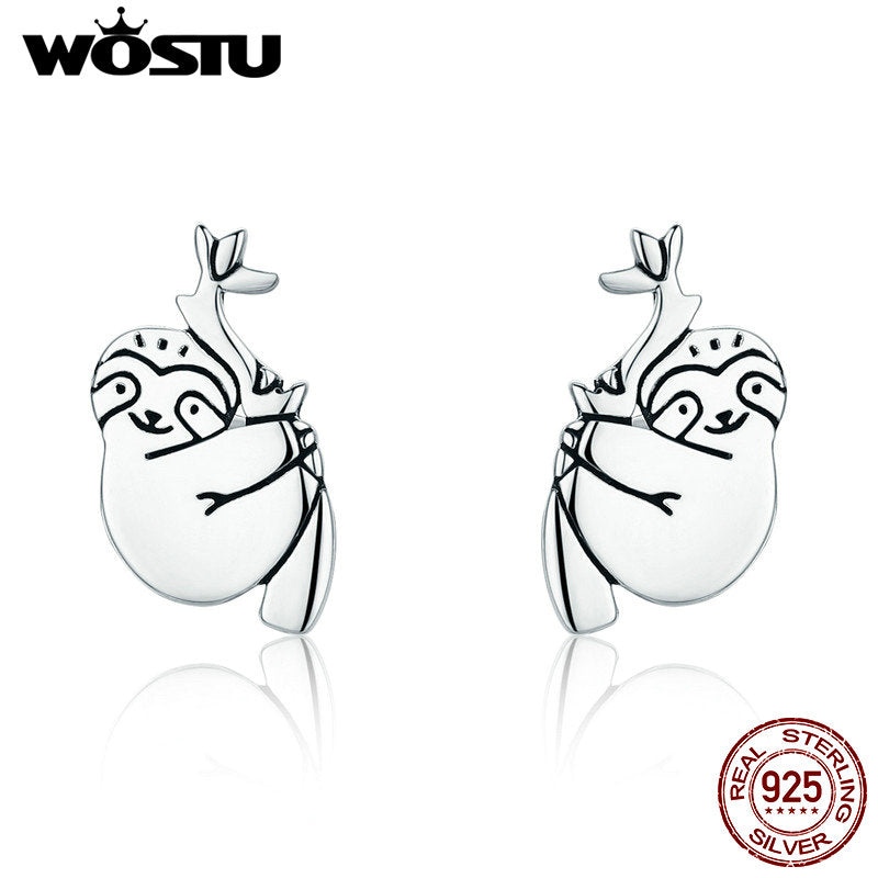 New 100% Real 925 Sterling Silver Cute Sloth Stud Earrings for Women Fashion Brand Silver Animal Jewelry Gift DXE327