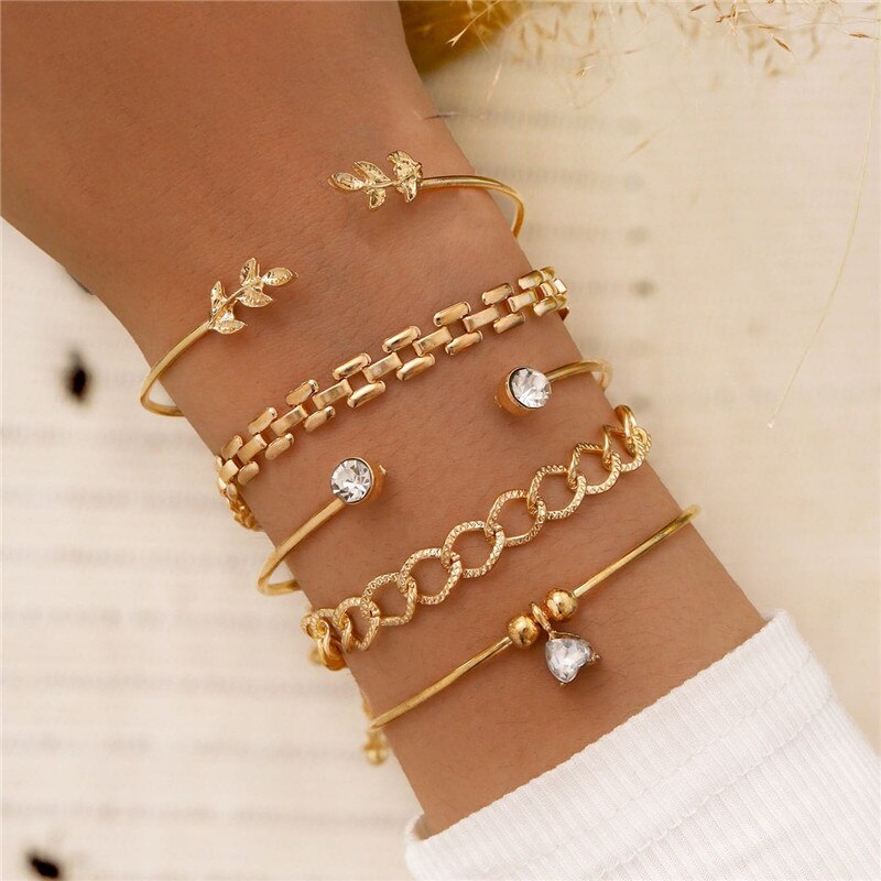 WUKALO  Bohemia Gold Color Leaf Crystal Heart Link Chain Charm Bracelet Bangle for Women Bracelets Femme Jewelry
