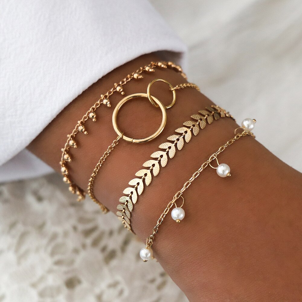 WUKALO  Bohemia Gold Color Leaf Crystal Heart Link Chain Charm Bracelet Bangle for Women Bracelets Femme Jewelry