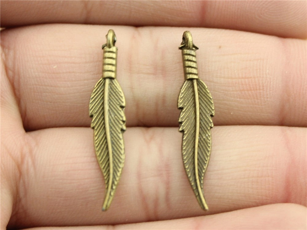 10pcs 32x6mm 3 Colors Antique Gold, Antique Silver, Antique Bronze Feather Charms For Jewelry Making Small Feather Charm