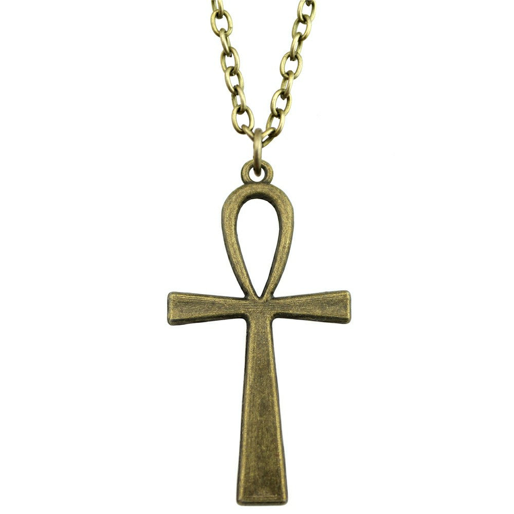 Fashion 3 Colors Antique Gold, Antique Bronze, Antique Silver Ankh Cross Pendant Necklace , 70Cm Chain Long Necklace