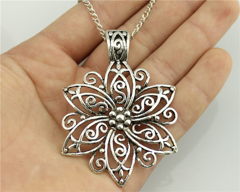Fashion Simple Antique Silver Color 66*47mm Big Flower Pendant Necklace , 70Cm Chain Long Necklace