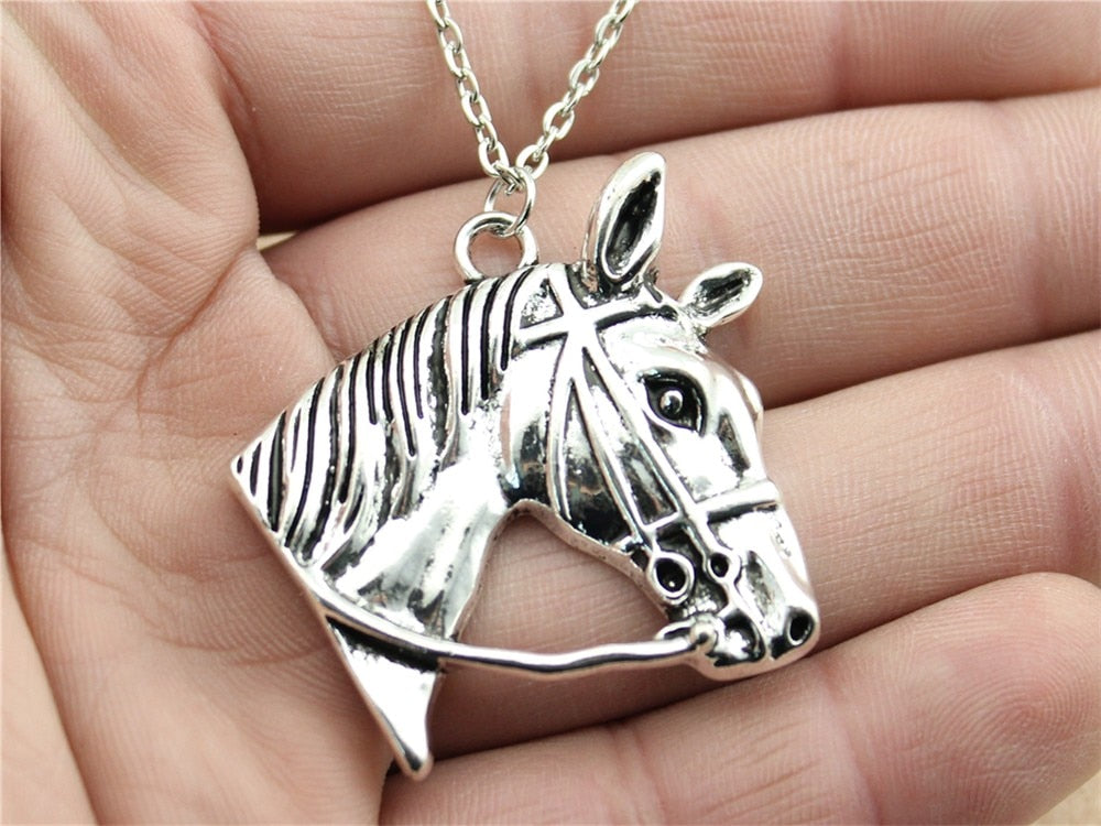 Simple Polular Hot Vintage Antique Silver Color 37*36mm Silver Horse Head Pendant Chain Necklace