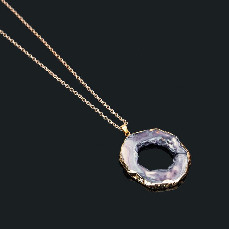 Natural Stone Onyx Necklace Pendants Irregular Hollow Agates Slice Crystal Pendant Gold Color Necklace For Women