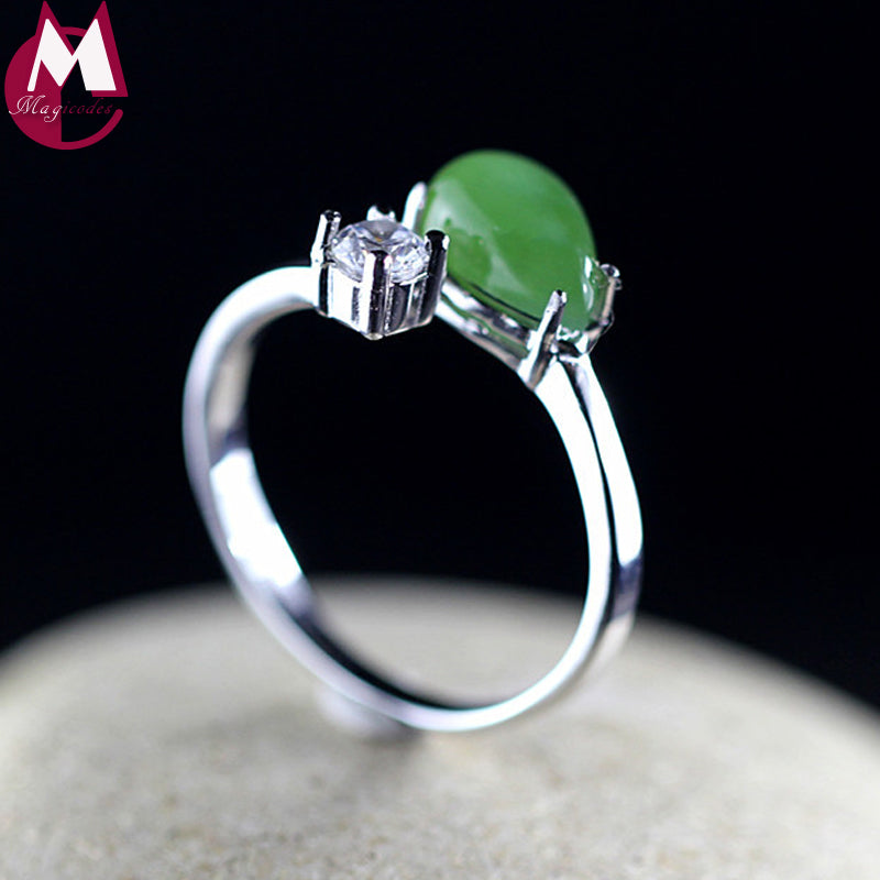 Water Drop Green Jade Jasper Ring For Women Genuine Sterling Silver 925 Jewelry Round Crystal Engagement Wedding Ring SR85