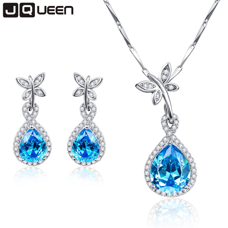 Water Drop Natural Blue Topaz White Austria Butterfly Crystal 925 Sterling Silver Women Jewelry Sets Pendant/Necklace/ Earrings