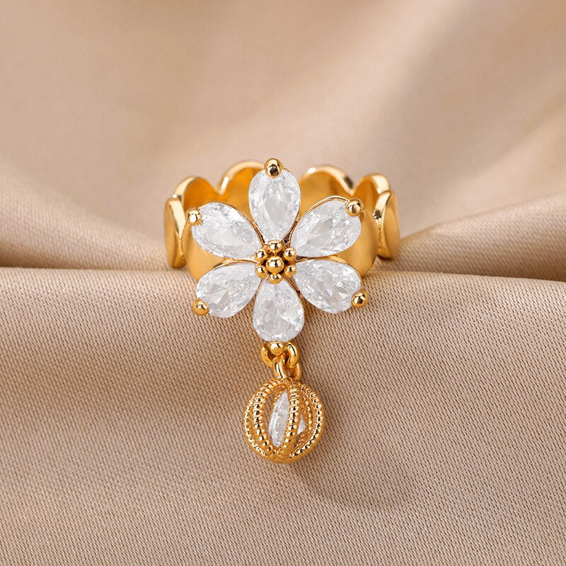 Water Drop Petals Pendant Rings for Women  Stainless Steel Floral Zircon Open Adjustable Ring 2023 Trend Wedding Jewerly
