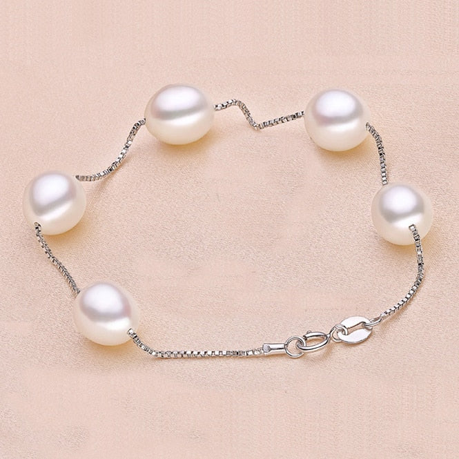 Water Drop Round Natural White Pearl 925 Sterling Silver Box Chain Bracelet