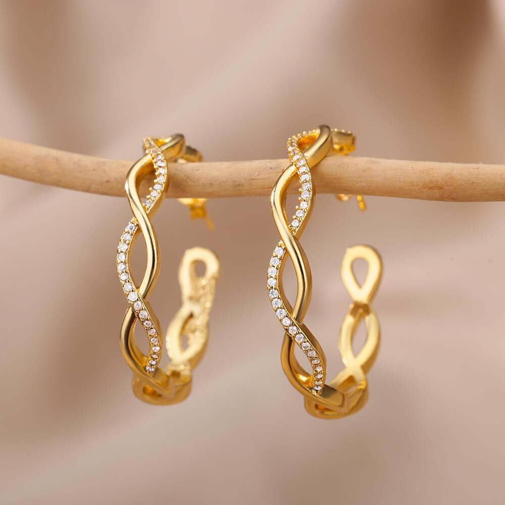 Wave Round Hoop Earrings for Women Stainless Steel Gold Color Earrings 2023 Trend Zircon Couple Wedding Jewelry Christmas Gifts