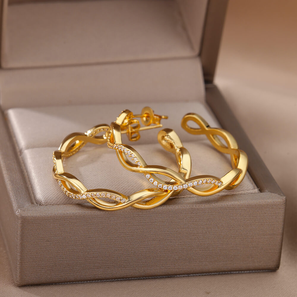 Wave Round Hoop Earrings for Women Stainless Steel Gold Color Earrings 2023 Trend Zircon Couple Wedding Jewelry Christmas Gifts
