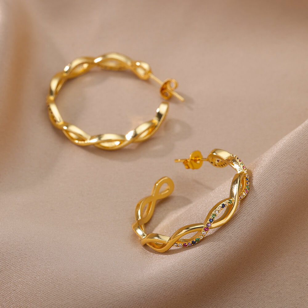 Wave Round Hoop Earrings for Women Stainless Steel Gold Color Earrings 2023 Trend Zircon Couple Wedding Jewelry Christmas Gifts