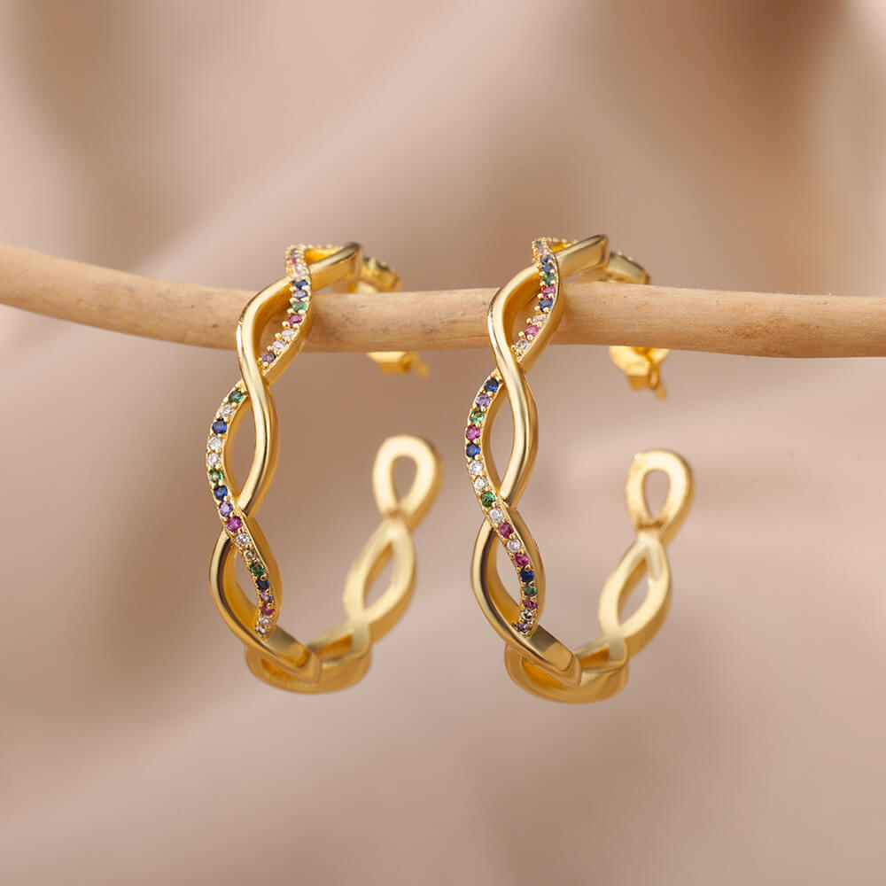 Wave Round Hoop Earrings for Women Stainless Steel Gold Color Earrings 2023 Trend Zircon Couple Wedding Jewelry Christmas Gifts