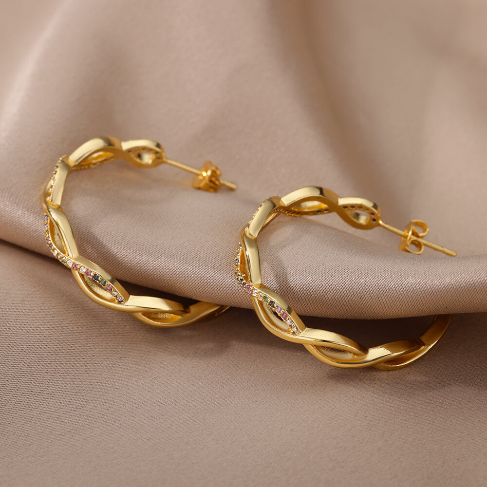 Wave Round Hoop Earrings for Women Stainless Steel Gold Color Earrings 2023 Trend Zircon Couple Wedding Jewelry Christmas Gifts