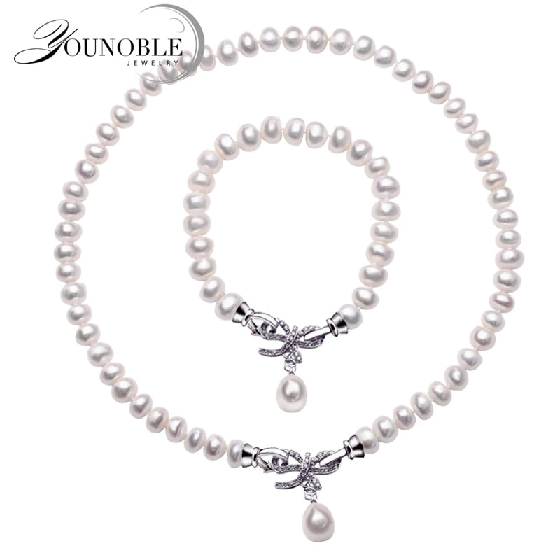 Wedding Pearl Jewelry Set Women,Real 925 Silver Jewelry Bracelet Necklace Set Anniversary Wife Birthd Gift Box