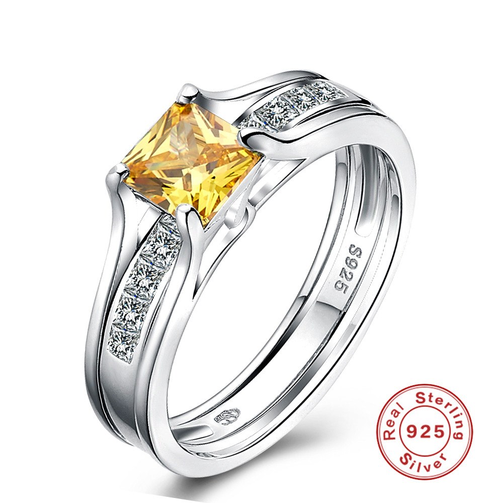 Wedding Rings For Women S925 Sterling Silver Fine Jewelry White Gold-Color Yellow Square Stone Bridal Engagement Party Bague