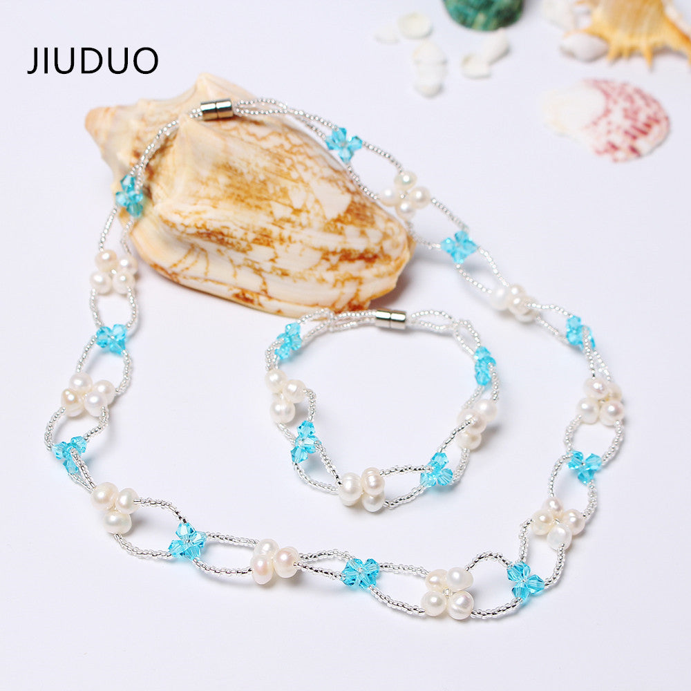 Wedding gift 7-8MM pearl necklace double layer + pearl bracelet bridal suit long necklace multi-layer Genuine natural crystal