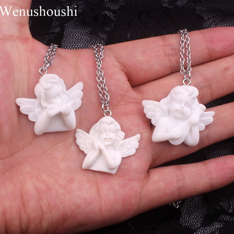 Wenushoushi white color art Baroque angel necklaces women angels necklaces man resin material stainless chains di080