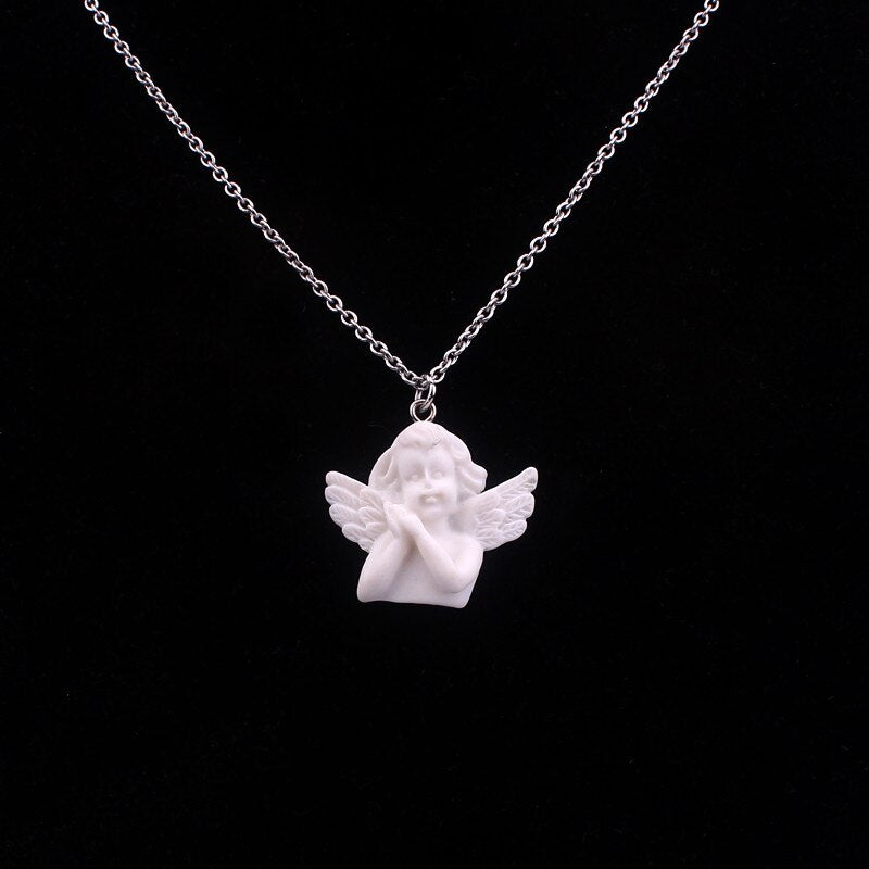 Wenushoushi white color art Baroque angel necklaces women angels necklaces man resin material stainless chains di080