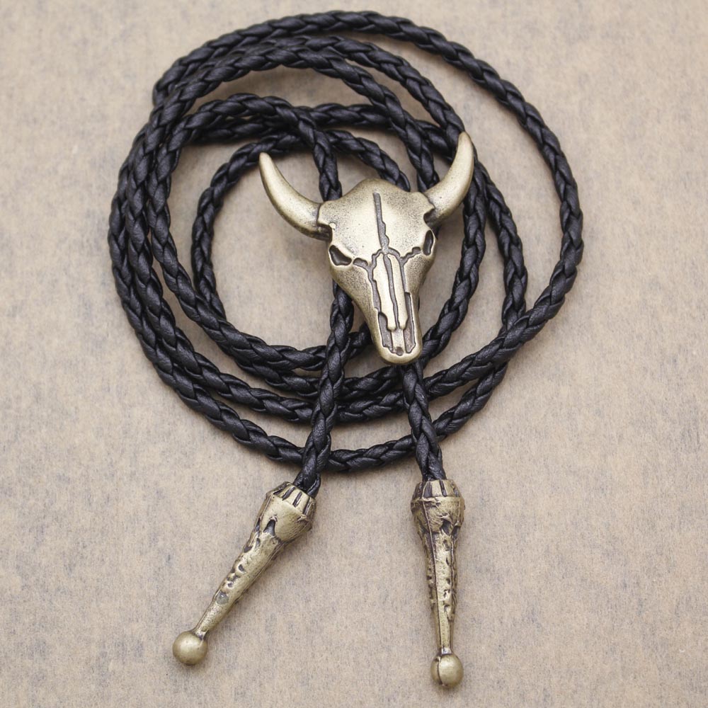 Western Texas Longhorn Buffalo Steer Cow Skull Leather Rodeo Bolo Tie Necktie Vintage Necklace Jewelry Men Women Unisex