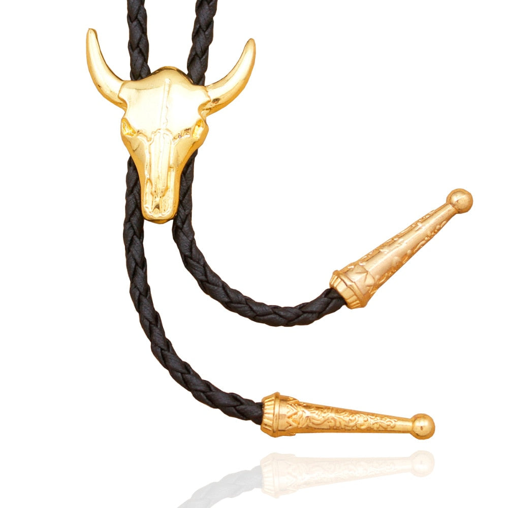 Western Texas Longhorn Buffalo Steer Cow Skull Leather Rodeo Bolo Tie Necktie Vintage Necklace Jewelry Men Women Unisex