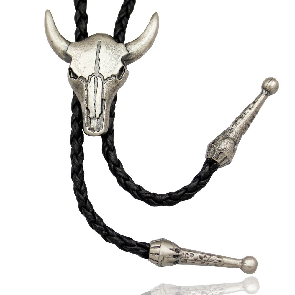 Western Texas Longhorn Buffalo Steer Cow Skull Leather Rodeo Bolo Tie Necktie Vintage Necklace Jewelry Men Women Unisex
