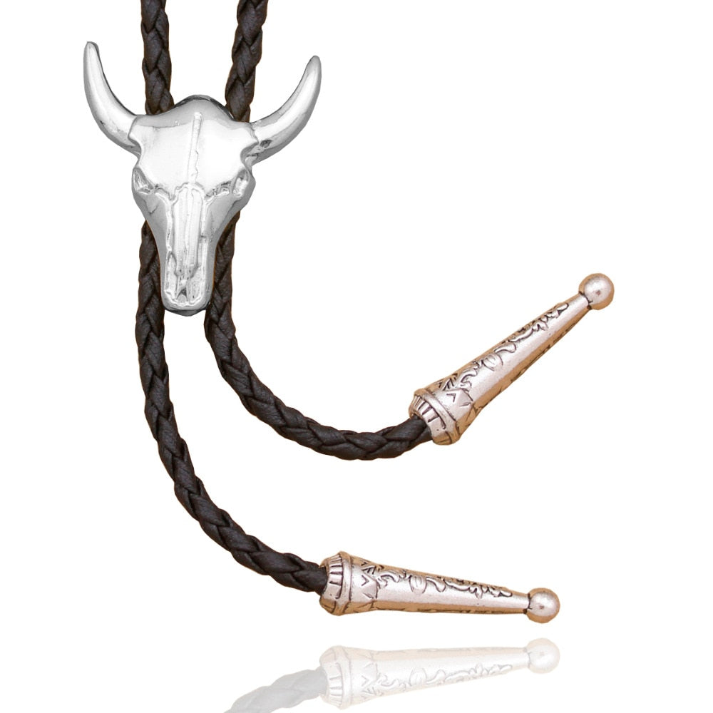Western Texas Longhorn Buffalo Steer Cow Skull Leather Rodeo Bolo Tie Necktie Vintage Necklace Jewelry Men Women Unisex
