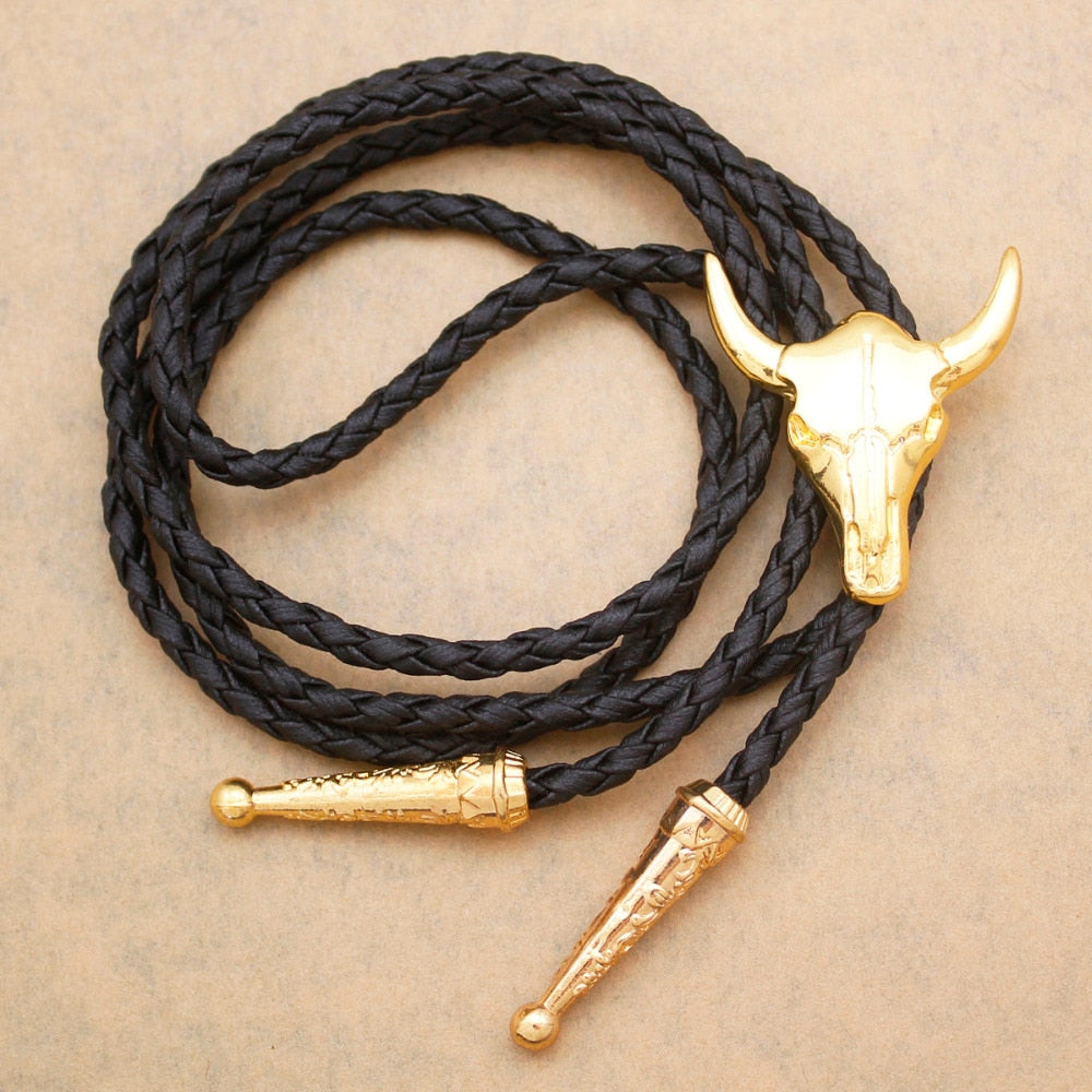 Western Texas Longhorn Buffalo Steer Cow Skull Leather Rodeo Bolo Tie Necktie Vintage Necklace Jewelry Men Women Unisex