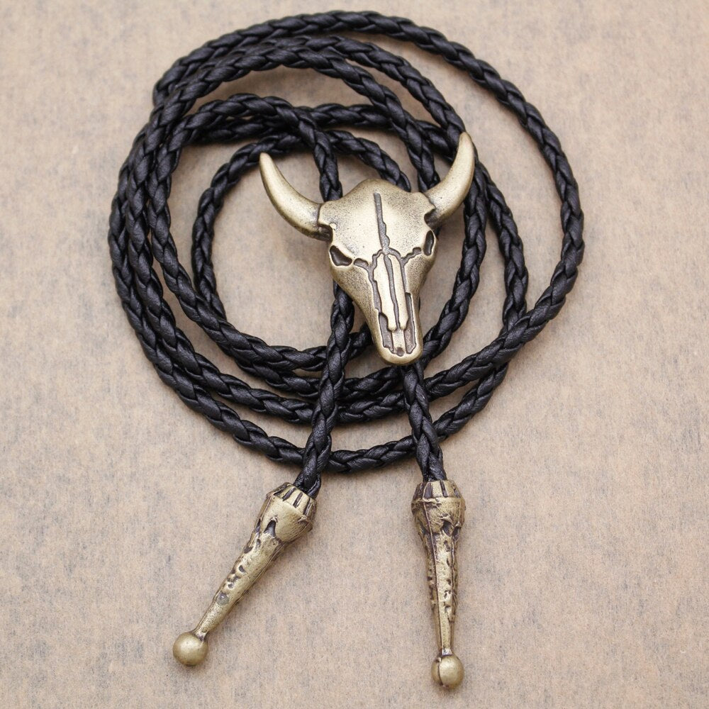 Western Texas Longhorn Buffalo Steer Cow Skull Leather Rodeo Bolo Tie Necktie Vintage Necklace Jewelry Men Women Unisex