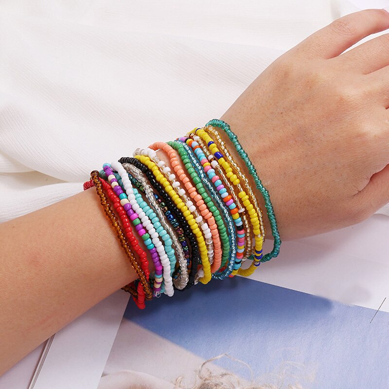 Wgoud Bohemian Seed Bead Handmade Bracelet For Women Multicolor  Simple Manual Elastic Beach Bangle Jewelry Gift