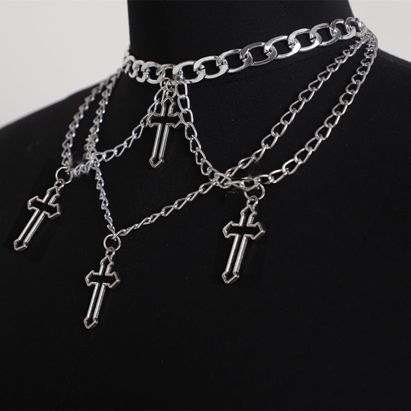 Wgoud  Gothic Cross Pendant Choker Necklace Chains for Women Girl Hip Hop Gypsy Club Accessories Jewelry