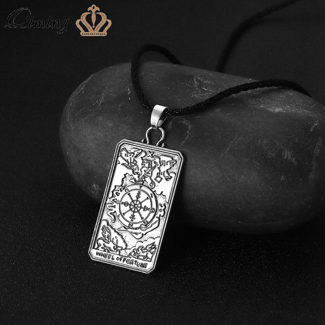 Wheel Of Fortune Tarot Card Divination Necklace For Women Men Lucky Fortune Teller Pagan Jewelry Pendant Necklace Collier