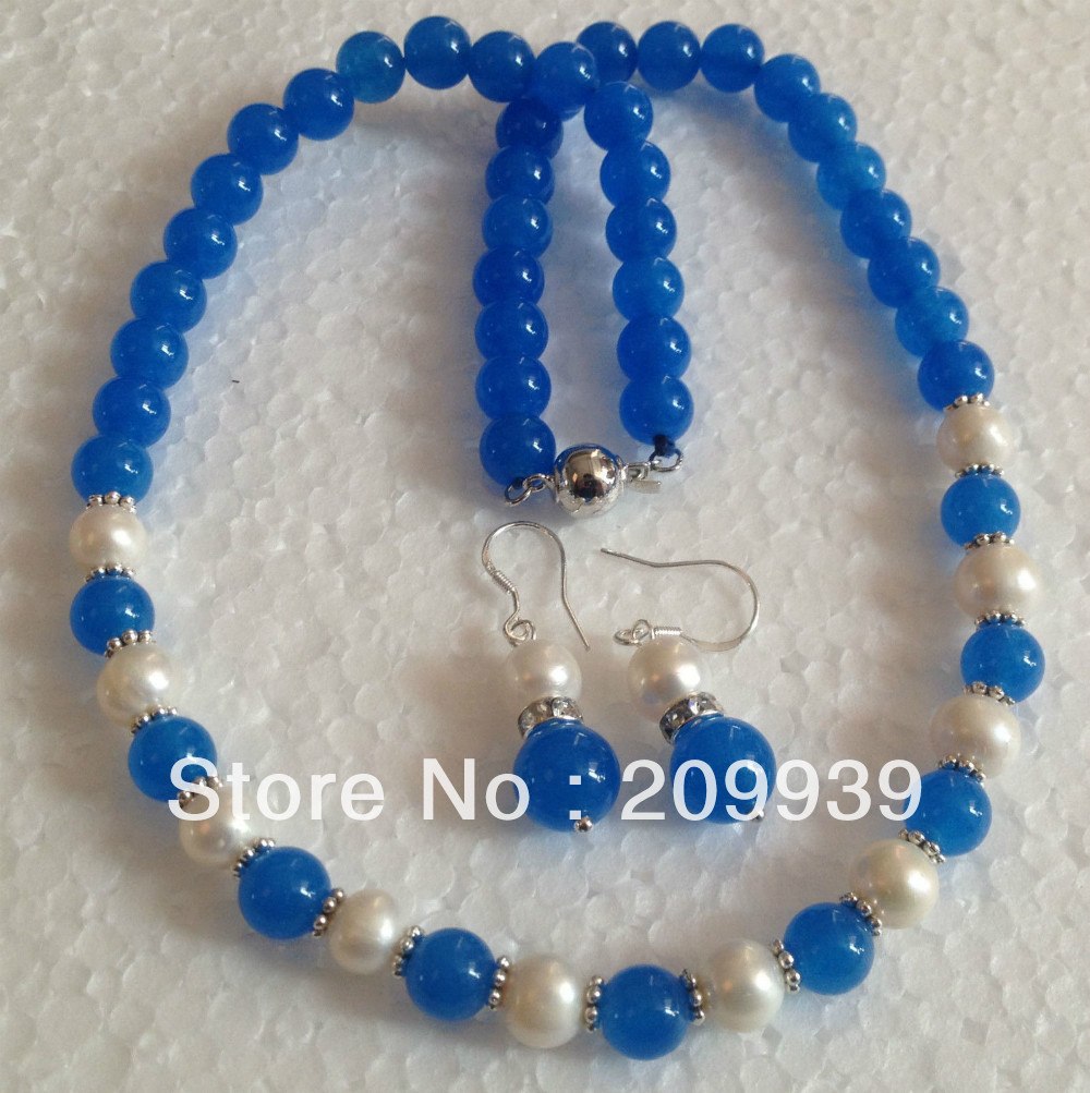 White Akoya Cultured Pearl/Blue Jade Round Beads necklace earrings Set