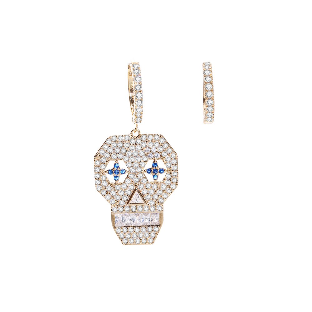 White Blue CZ Zircon Pave Skull Creole Hinged Hoop Earrings For Woman Individual Halloween Vintage Asymmetric Earring Jewelry