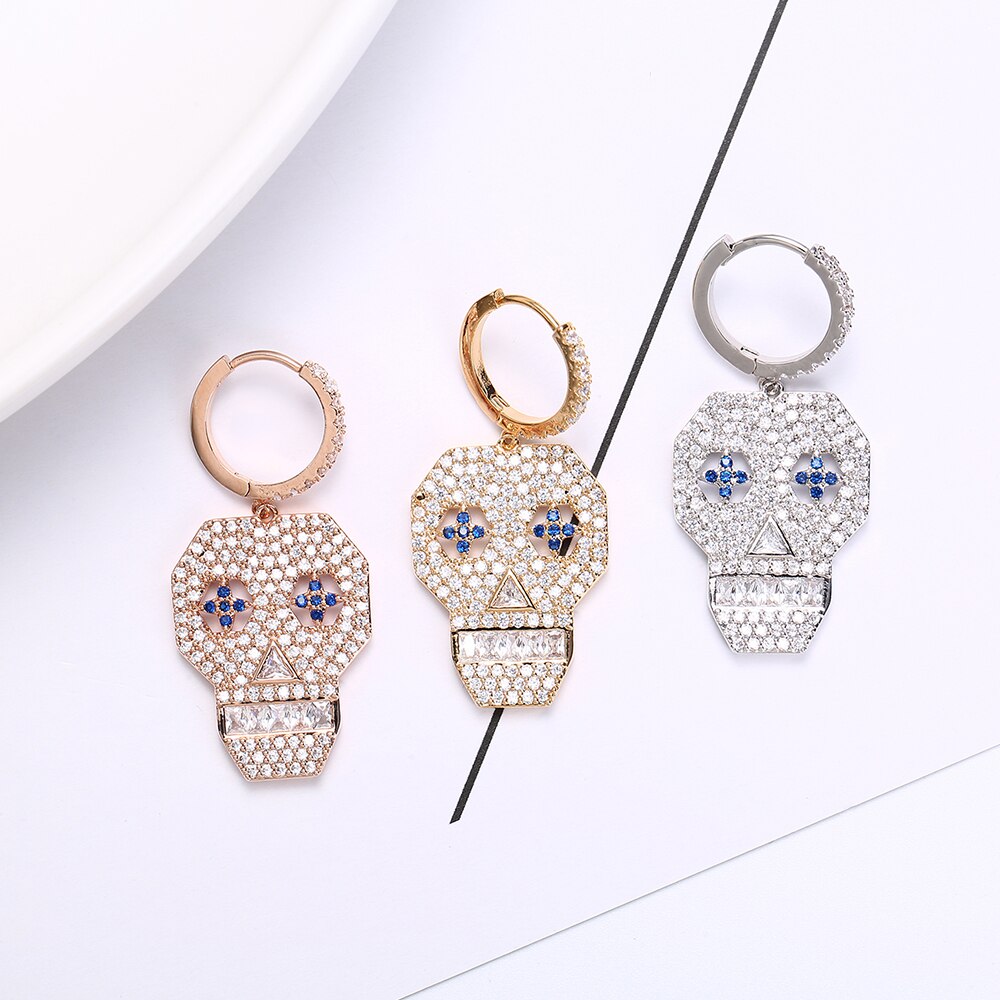 White Blue CZ Zircon Pave Skull Creole Hinged Hoop Earrings For Woman Individual Halloween Vintage Asymmetric Earring Jewelry