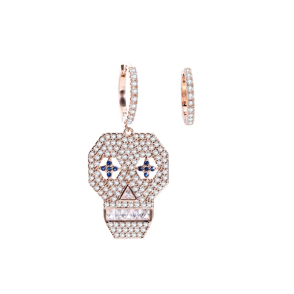 White Blue CZ Zircon Pave Skull Creole Hinged Hoop Earrings For Woman Individual Halloween Vintage Asymmetric Earring Jewelry