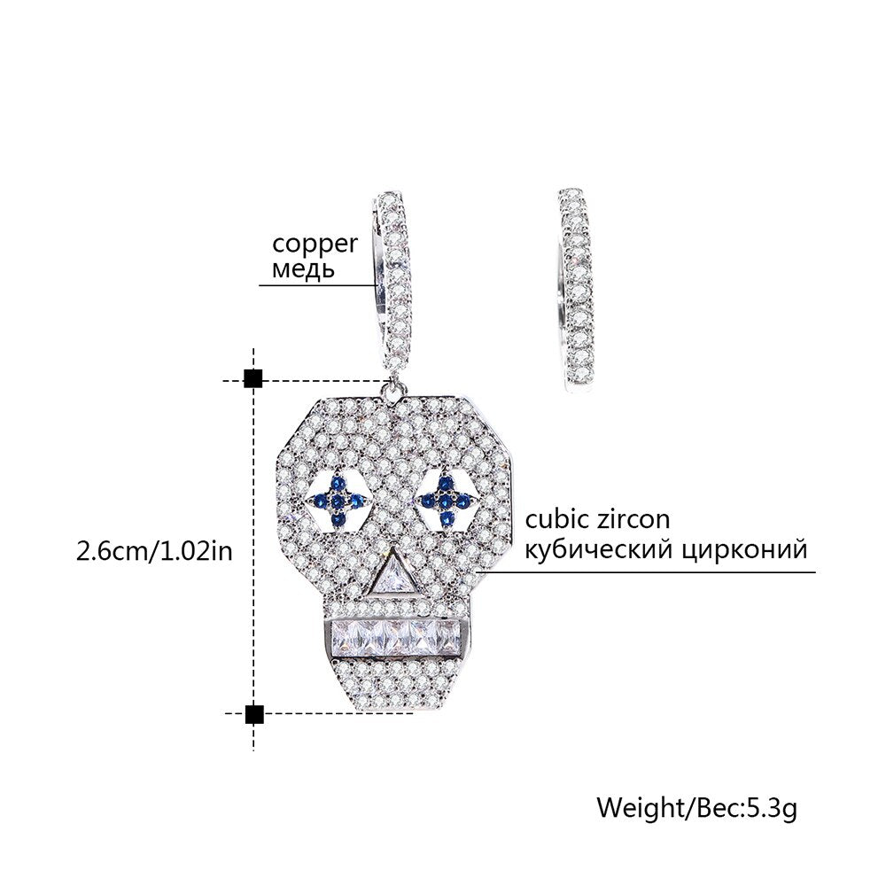 White Blue CZ Zircon Pave Skull Creole Hinged Hoop Earrings For Woman Individual Halloween Vintage Asymmetric Earring Jewelry