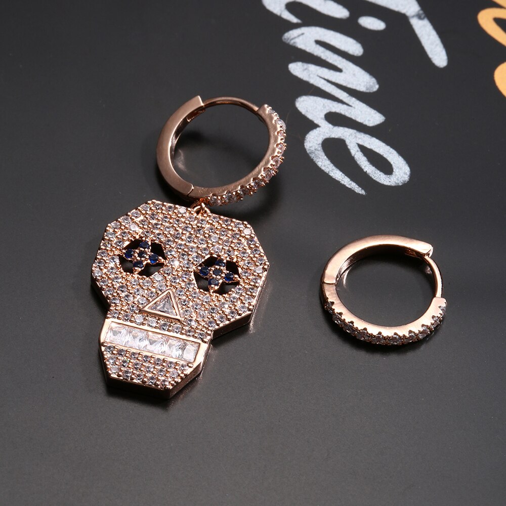 White Blue CZ Zircon Pave Skull Creole Hinged Hoop Earrings For Woman Individual Halloween Vintage Asymmetric Earring Jewelry
