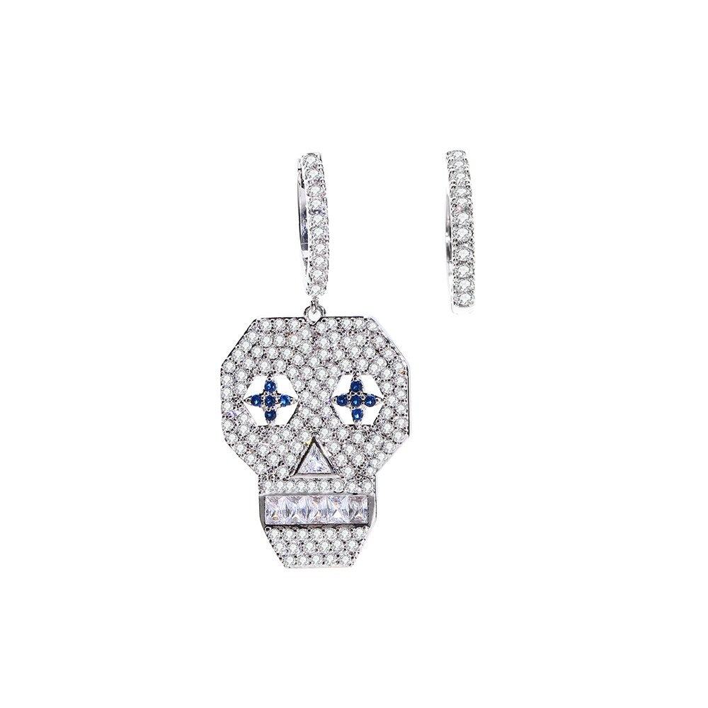 White Blue CZ Zircon Pave Skull Creole Hinged Hoop Earrings For Woman Individual Halloween Vintage Asymmetric Earring Jewelry
