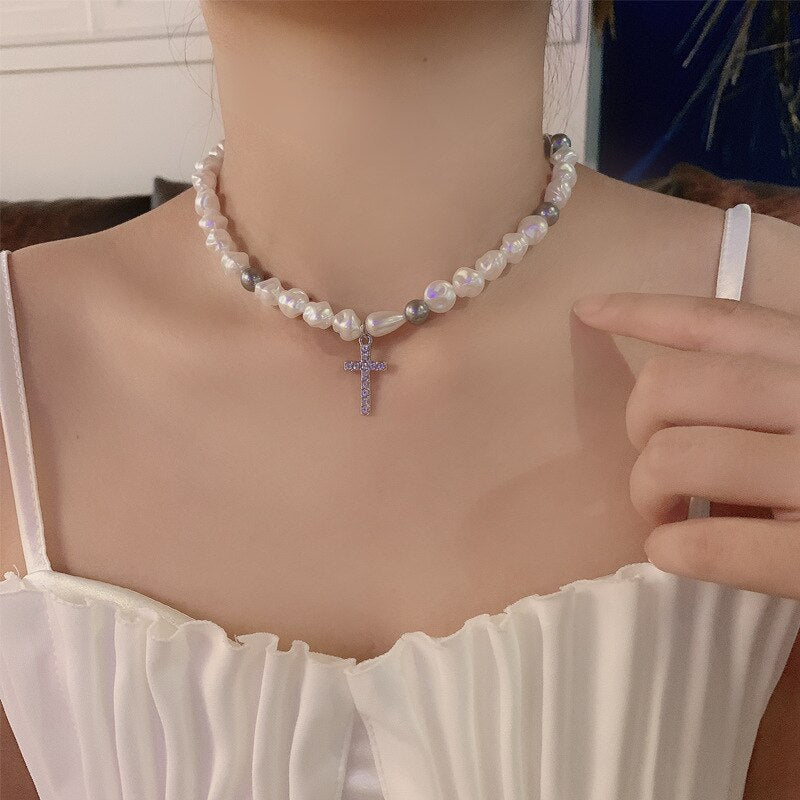 White Irregular Simulated Pearl Necklace Jewelry Rhinestone Cross Crystal Pendant Classic Necklace For Women Choker Necklace