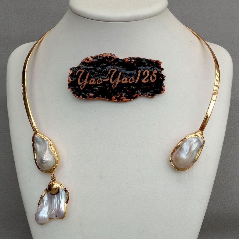 White Keshi Pearl Yellow Gold color Plated Choker Necklace  Women OL African Jewelry Bohemian Style Costumes Gifts