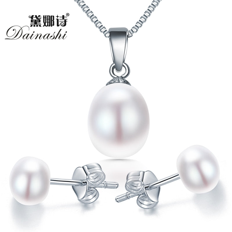 Wholesale 100% 925 sterling silver earring and pendant necklace for women party bridal jewelry set high quality pearl