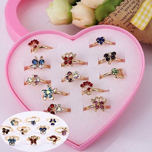 Wholesale 12pcs Mixed Assorted Flower Gold Silver Crystal Adjustable Rings Baby Kids Girls Party Gift Jewelry With Displ Box