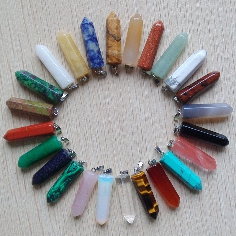 24pcs/lot 2019    Assorted Natural Stone Pendants Point Charms hexagonal pillar pendant